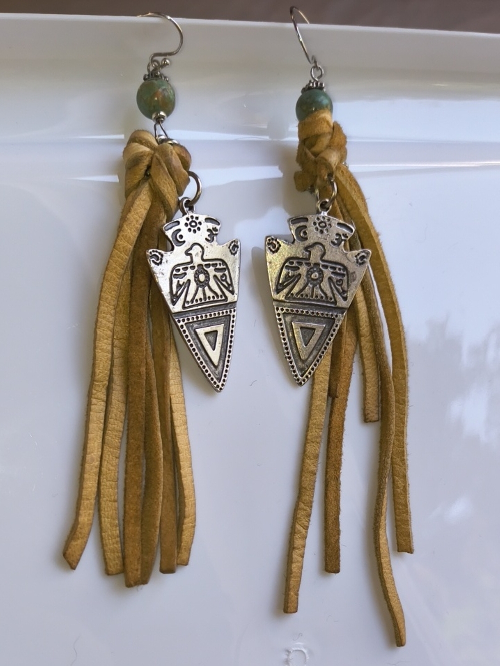 Genuine Buck Skin Leather Fringe Earrings with  Genuine Turquoise Beads BOHO